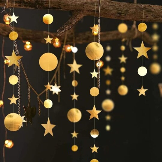 Greentek; Gold Star Garland Hanging Decorations with Twinkle Star Design, Perfect for Baby Showers, Birthdays, Graduations, Christmas, New Year’s Eve, Ramadan, and Celestial-Themed Party Backdrops; Category:Party Decorations; Image:1